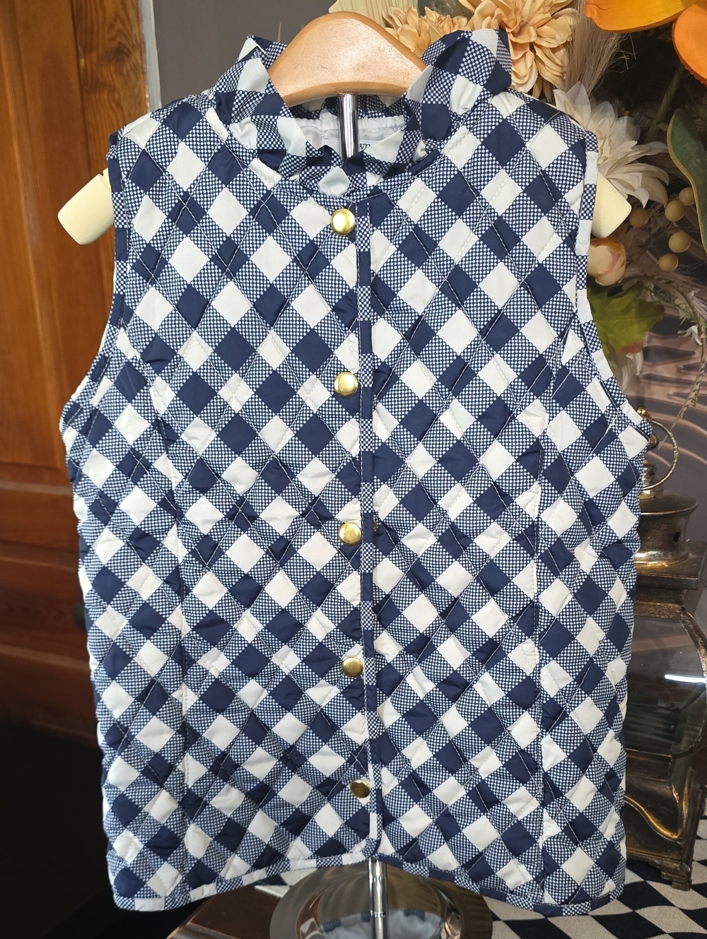 crown & ivy Navy and White Gingham Quilted Vest Girls Preppy Large 10 12